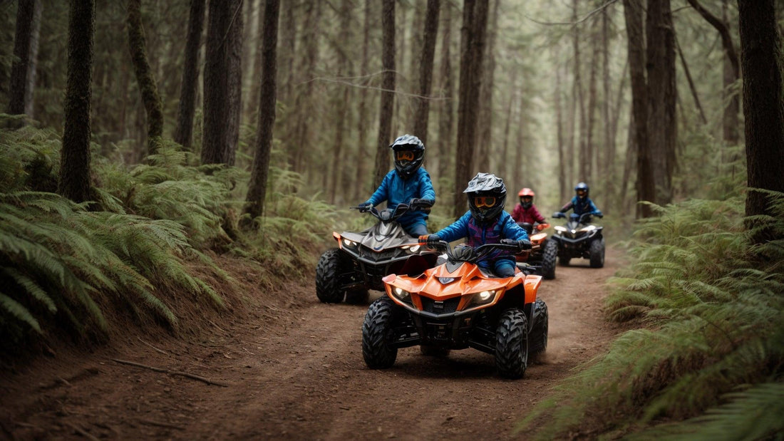 Group riding ATVs on forest trail, adults and kids in helmets, off-road, powersports adventure