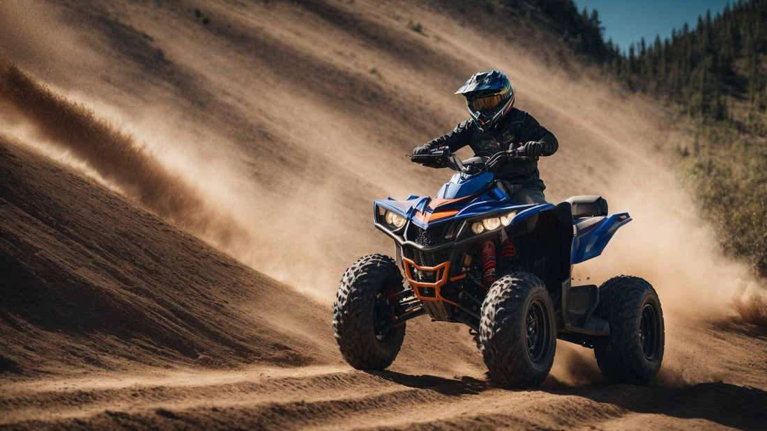 ATV rider driving on a dusty off-road trail with dirt flying, outdoor powersports vehicle