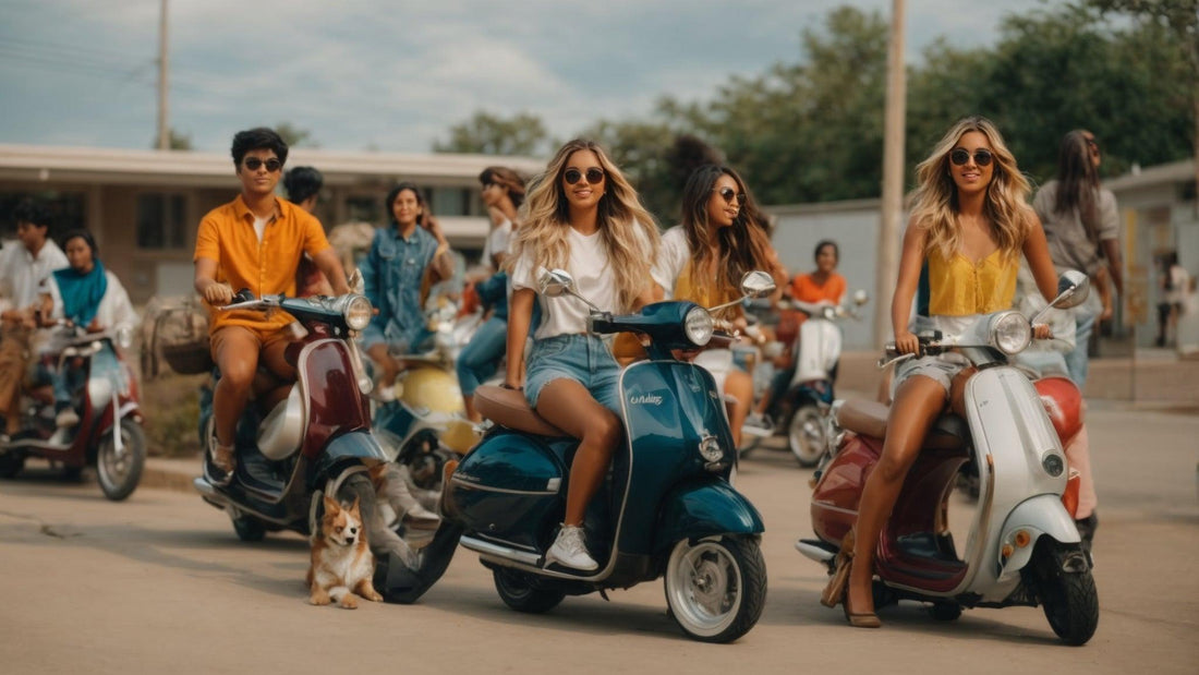 Group of young adults riding street legal scooters outdoors, casual summer setting