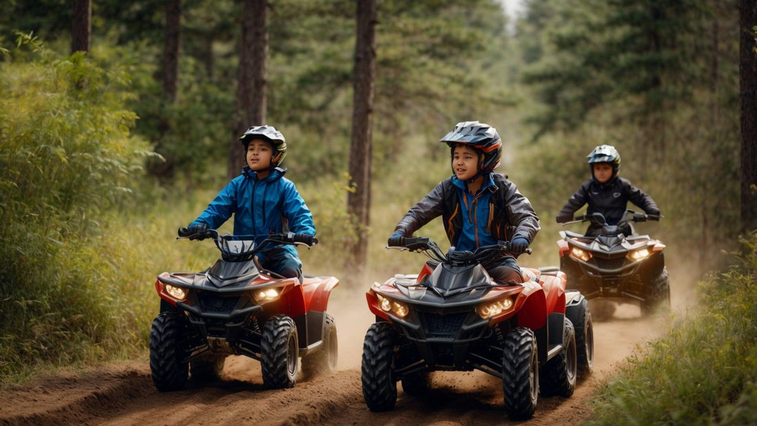 Kids riding ATVs on a forest dirt trail, wearing helmets and outdoor gear