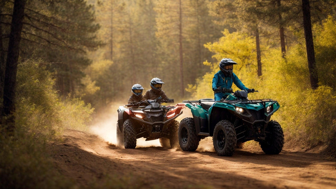 Family riding all-terrain vehicles on a forest trail with dust and tall pine trees at sunset