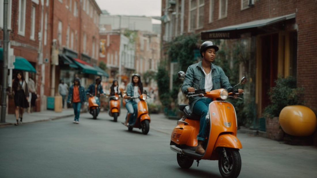 Group of young riders on orange scooters in urban street setting wearing helmets and casual clothes