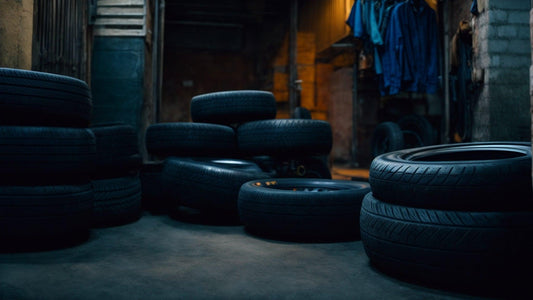 Stacks of low-pressure and regular tires in a garage workshop setting