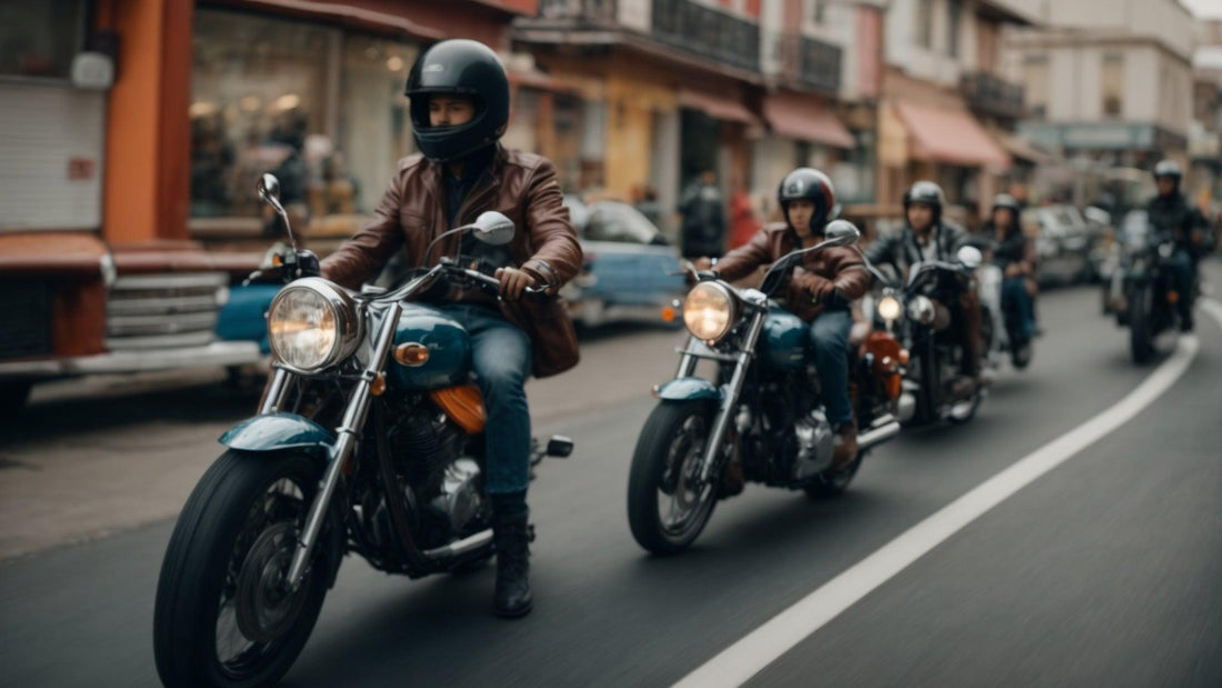 Group of riders on classic motorcycles wearing helmets and jackets cruising through city street