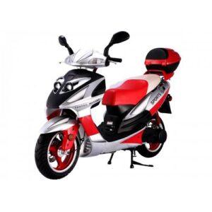 Red and silver 150cc motor scooter with rear storage, fuel efficient commuter vehicle