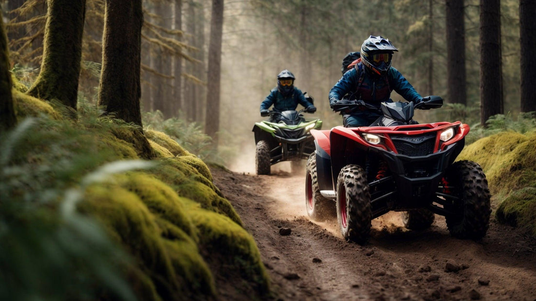 Two riders on all-terrain vehicles driving on a dirt trail through a forest