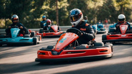 Go-kart racers in helmets driving gas-powered go-karts on an outdoor track