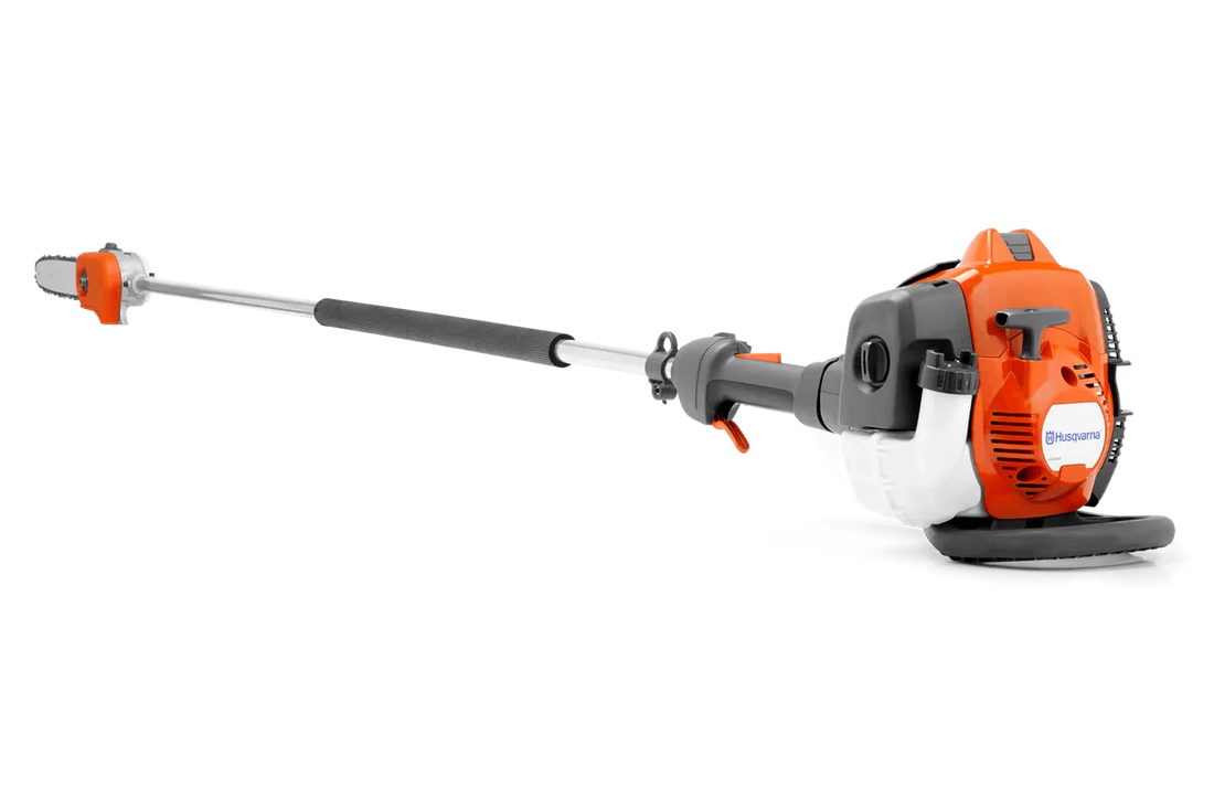 Orange and gray pole saw with extended reach, featuring a visible gas engine and chainsaw blade