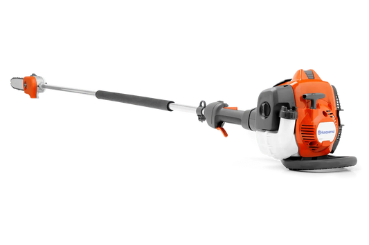 Orange and gray pole saw with extended reach, featuring a visible gas engine and chainsaw blade
