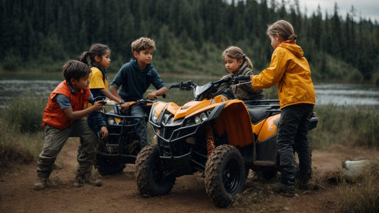 Kids with orange ATVs outdoors near a lake, youth four wheelers, powersports fun