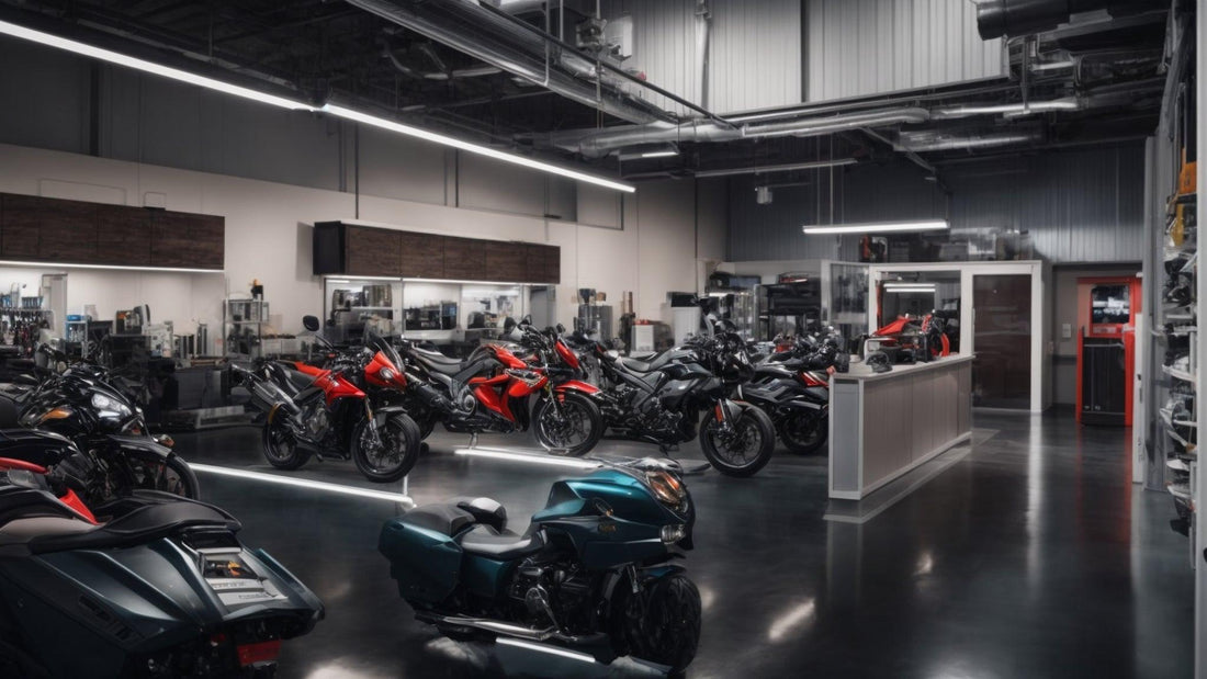 Clean service center with multiple motorcycles and ATVs on display, modern equipment visible