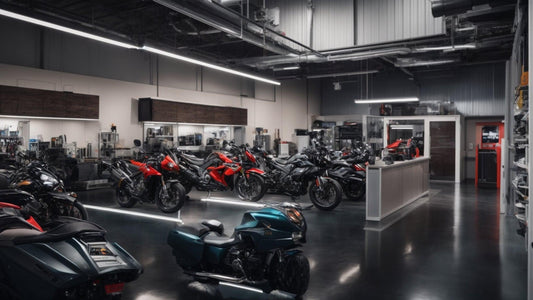 Clean service center with multiple motorcycles and ATVs on display, modern equipment visible
