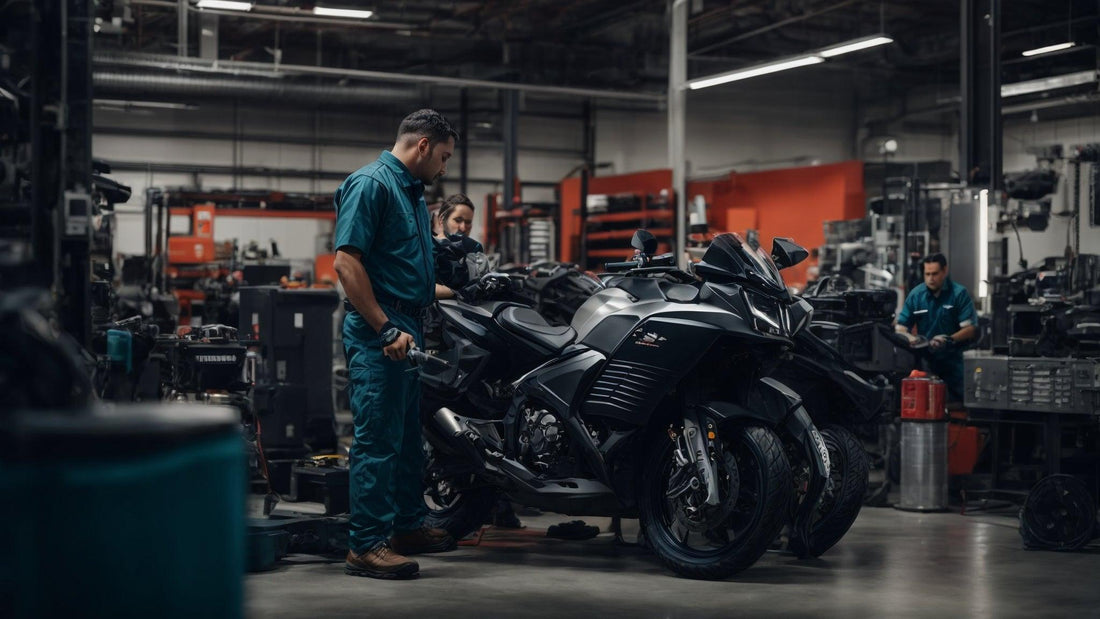 Powersports technicians servicing a sport motorcycle in a well-equipped workshop