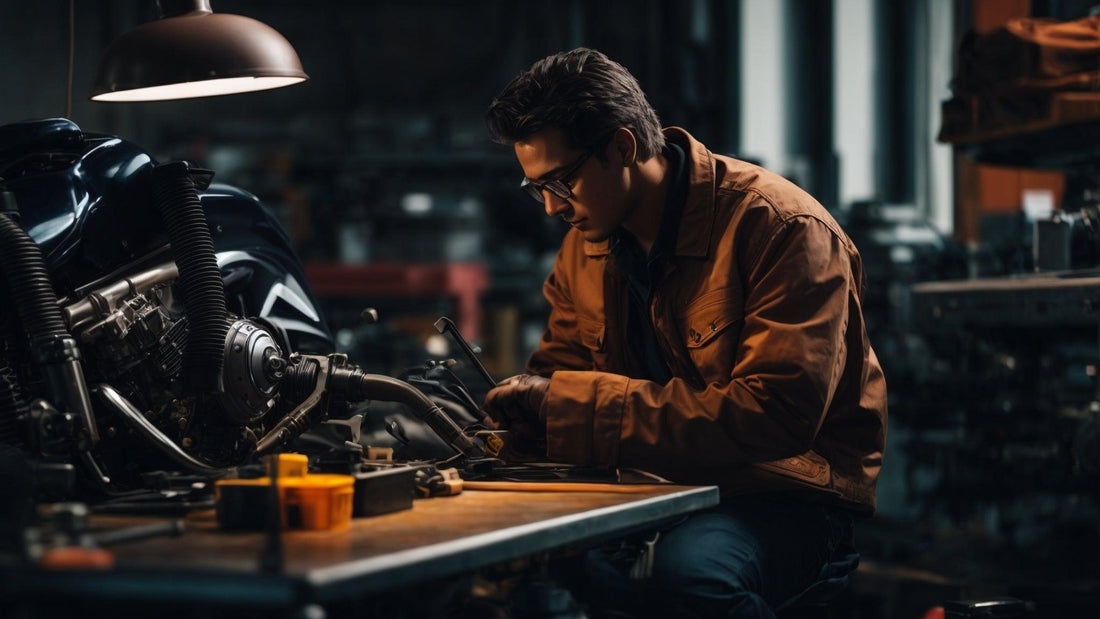 Mechanic in workshop performing maintenance on a powersports vehicle engine
