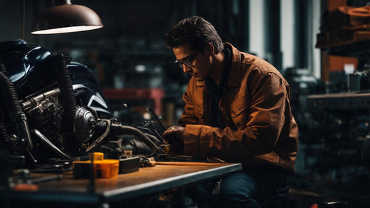 Mechanic in workshop performing maintenance on a powersports vehicle engine