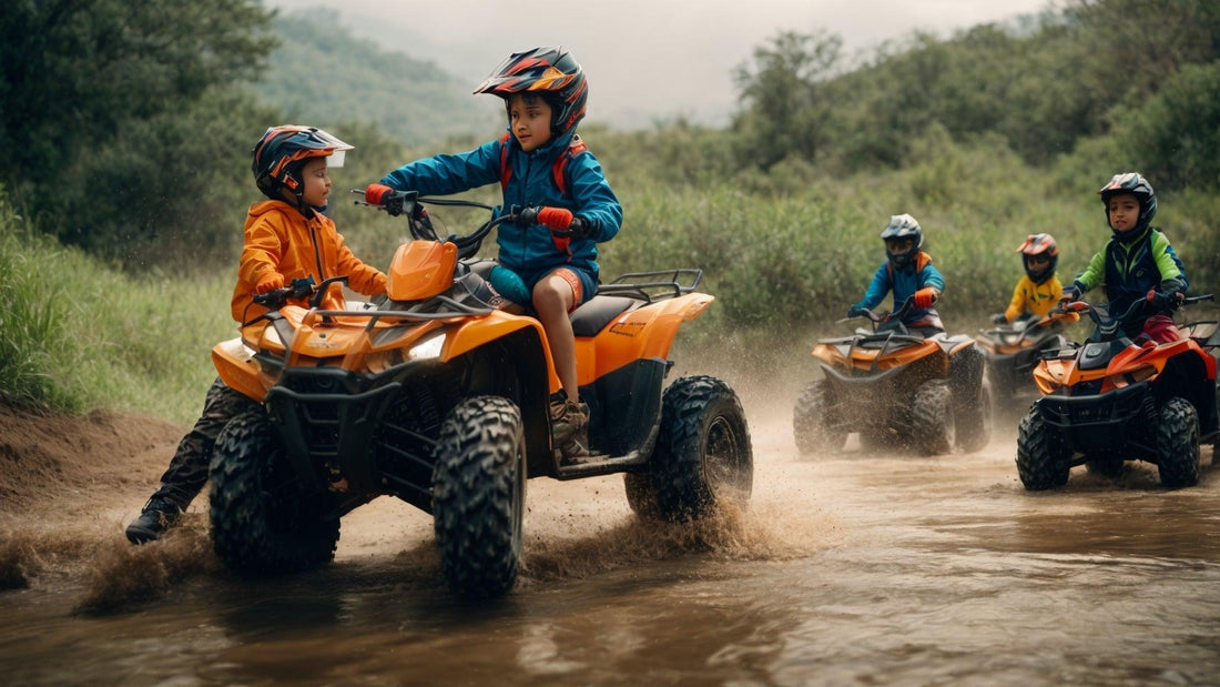 Children riding orange ATVs on a muddy trail, wearing helmets and outdoor gear.