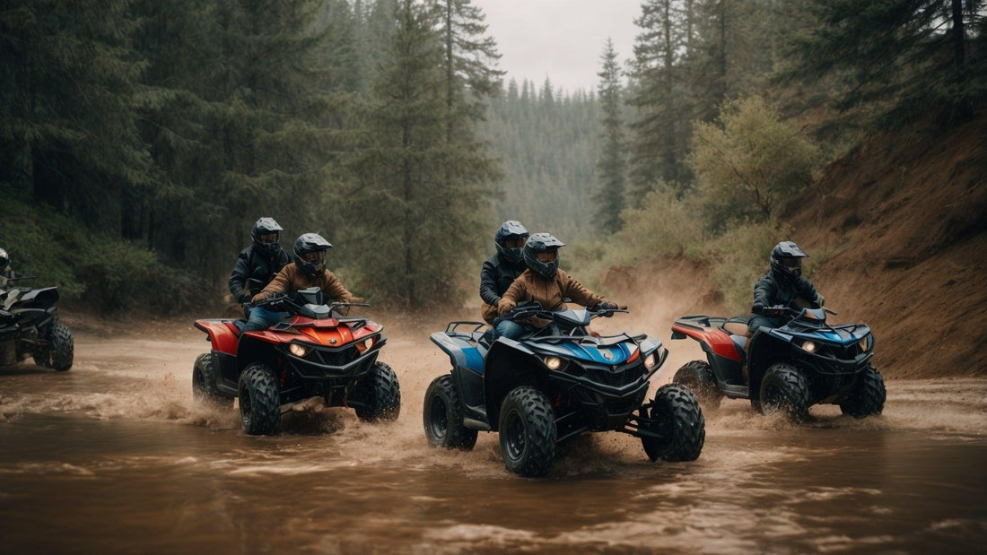 Riders in helmets and jackets driving ATVs through a muddy forest trail