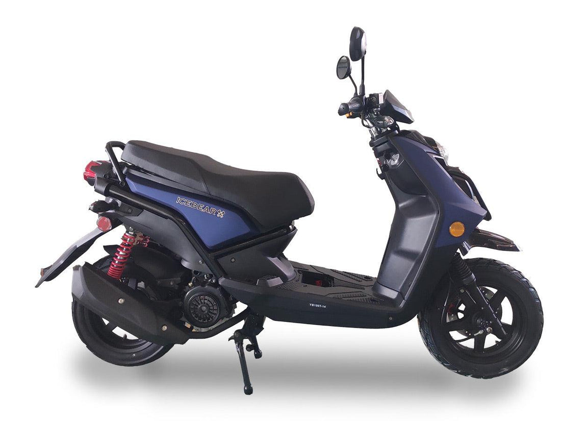 Blue ICEBEAR motor scooter with black seat and red suspension, displayed on white background