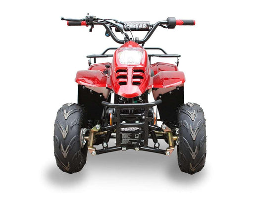 Red youth ATV for beginners with rugged tires on white background