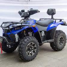 Blue 300cc 4x4 utility ATV with rugged tires and cargo racks, parked on pavement