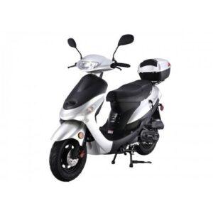 Affordable 50cc fuel-efficient scooter with storage compartment on white background