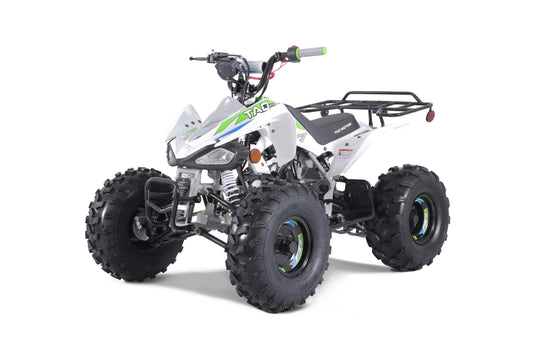 White kids gas ATV with reverse gear, rugged tires, and front brush guard on white background