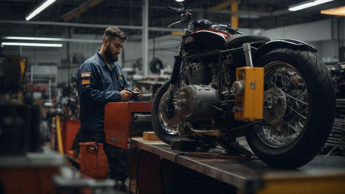 Mechanic performing motorcycle maintenance in a professional repair shop