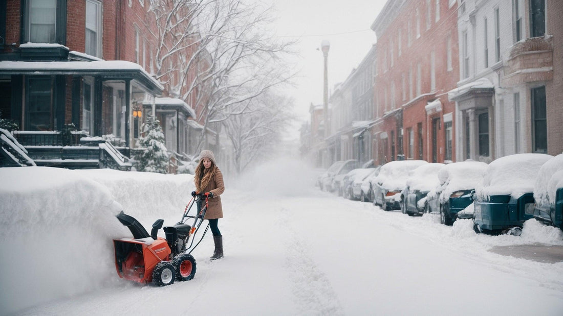 Woman using snow blower to clear heavy snow on a residential street in winter