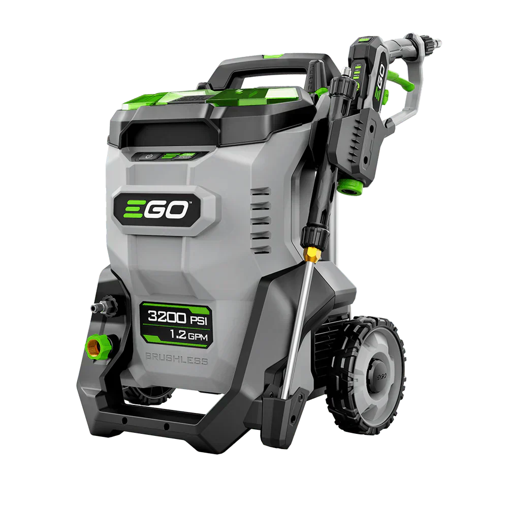 EGO battery-powered pressure washer, 3200 PSI, gray and green, with large wheels and spray wand