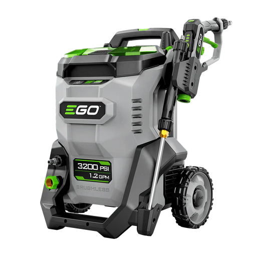 EGO battery-powered pressure washer, 3200 PSI, gray and green, with large wheels and spray wand