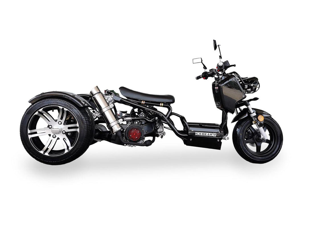 Black 3-wheel 150cc trike scooter with alloy wheels and modern frame on white background