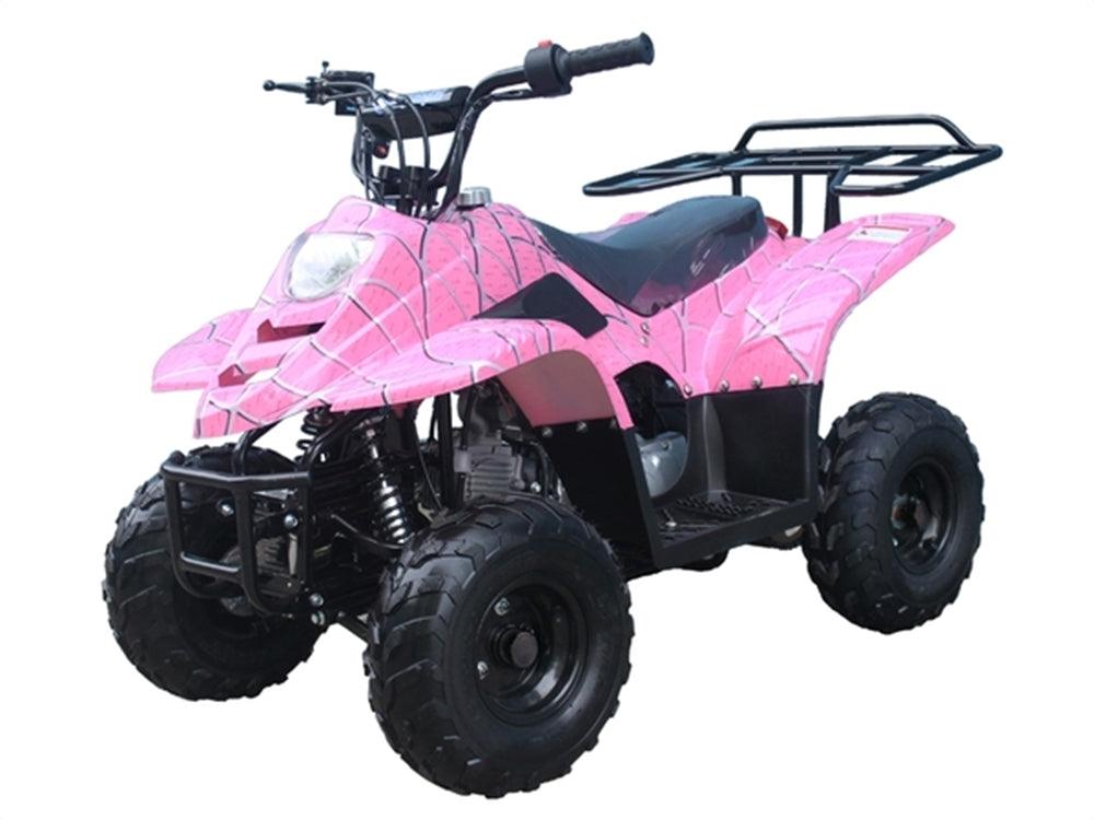 Pink kids gas-powered 4-wheeler ATV with rugged tires and safety guard, isolated on white