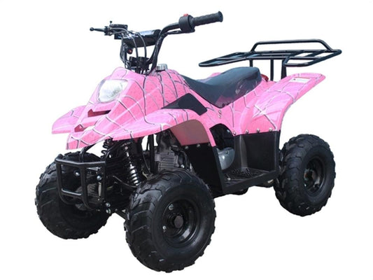 Pink kids gas-powered 4-wheeler ATV with rugged tires and safety guard, isolated on white