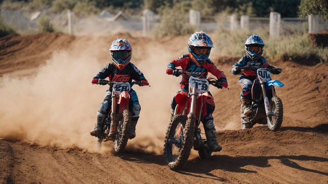 Three kids riding dirt bikes on a dusty motocross track wearing helmets and protective gear