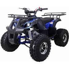 Blue 125cc utility ATV with rugged tires and front cargo rack, shown on white background