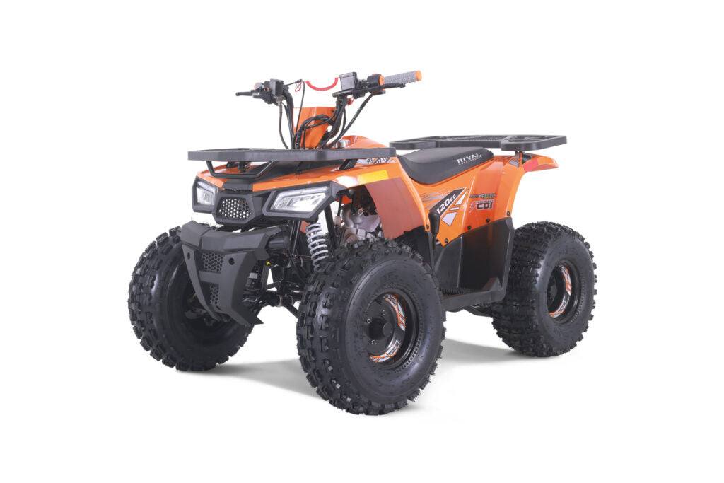 Orange 125cc youth utility ATV with rugged tires and front rack on white background