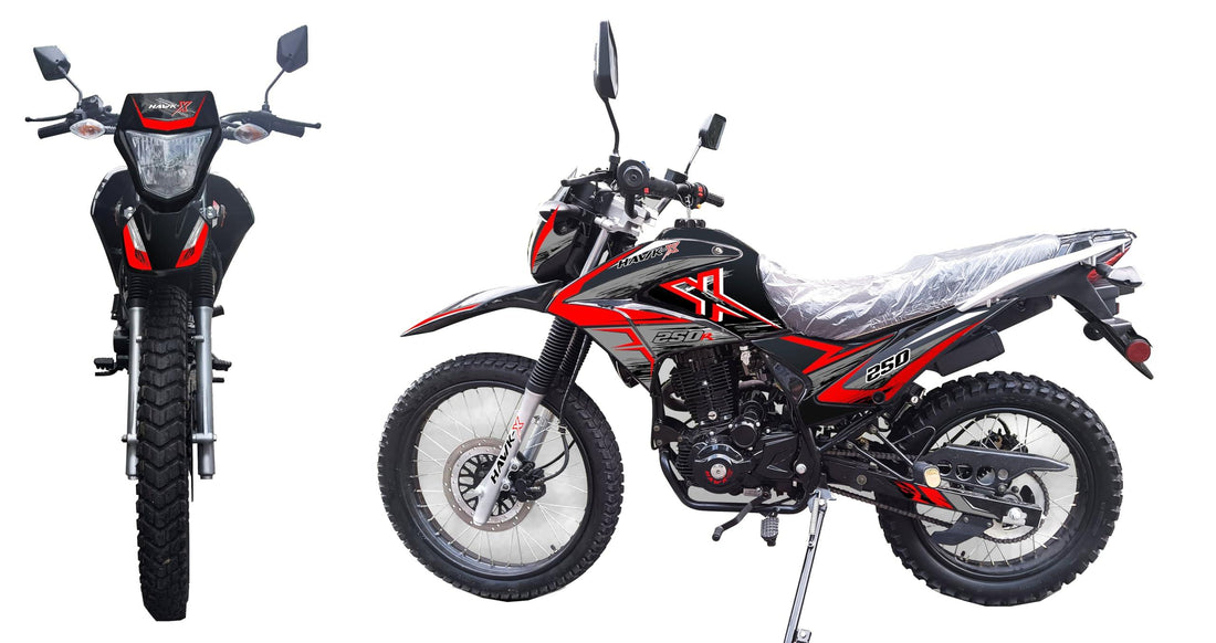Black and red 250cc dual sport motorcycle, shown from front and side, off-road tires, street-ready design