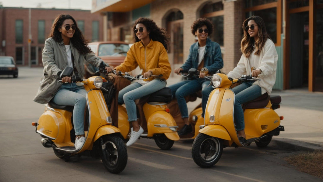 Four people riding yellow 50cc scooters on city street, fuel-efficient models, urban setting