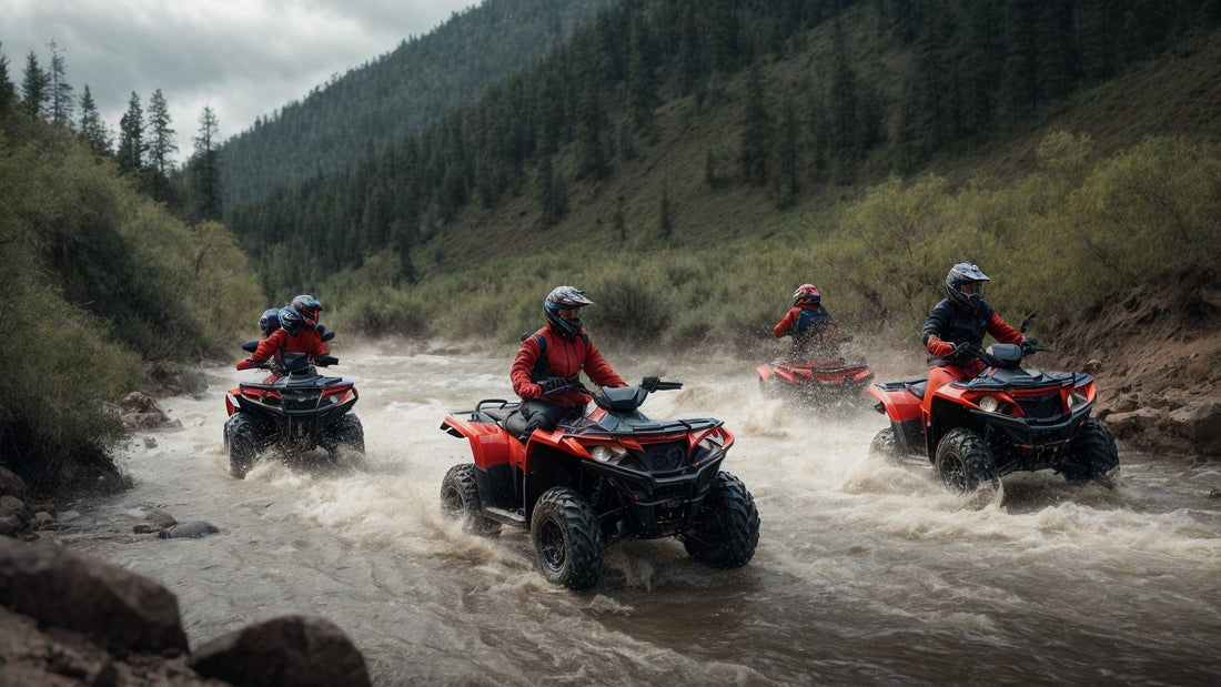 Group riding red ATVs through a forest river trail, off-road adventure in the mountains
