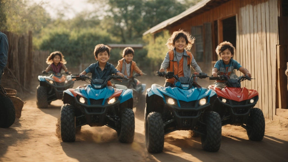 Kids riding youth ATVs on a dirt trail near wooden buildings, smiling and enjoying outdoor adventure.