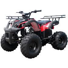 Red gas-powered four-wheeler ATV with rugged tires and front cargo racks