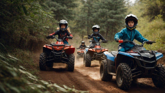 Kids riding youth ATVs on a forest trail, wearing helmets for safety outdoors