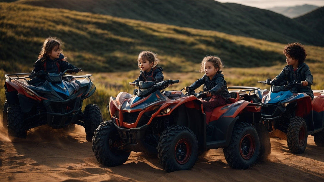 Four children riding ATVs on a dirt trail outdoors, youth all-terrain vehicles adventure