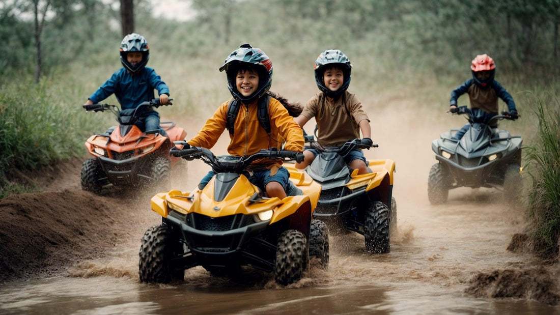 Kids riding youth ATVs through muddy trails outdoors, wearing helmets and smiling