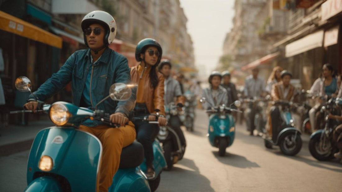 Group of riders wearing helmets on blue scooters in a lively urban street, daytime