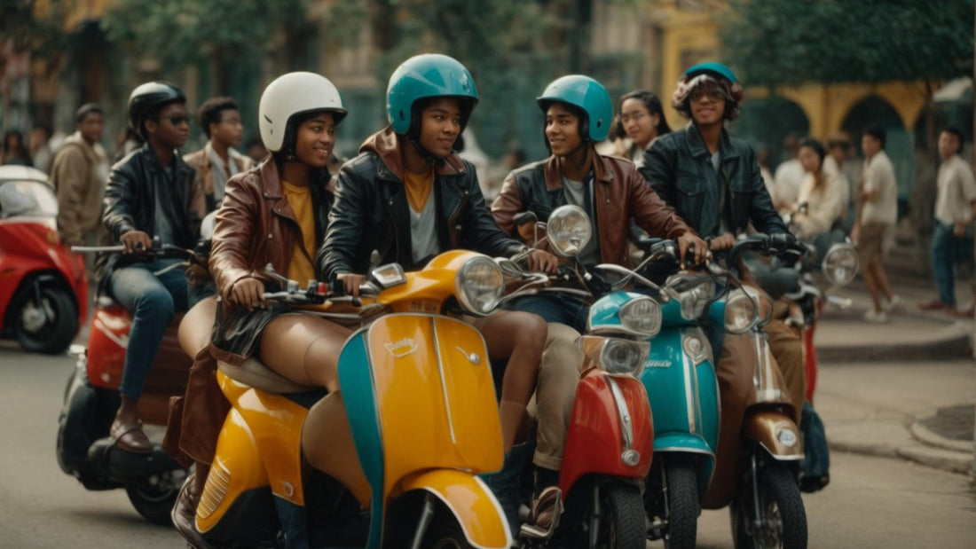 Group of young adults riding colorful scooters in city street, wearing helmets and jackets