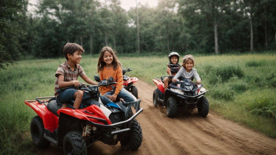 Kids riding gas-powered four wheelers on a dirt trail in a grassy outdoor setting