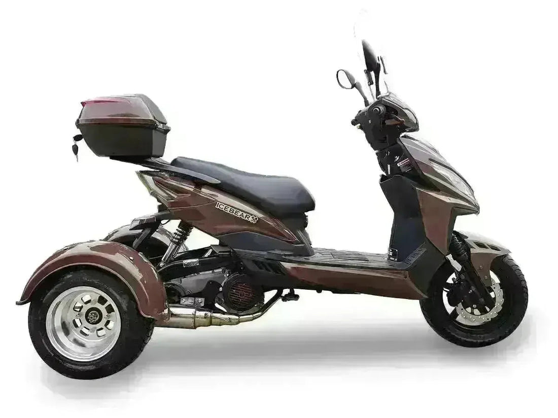 150cc three-wheeled trike scooter with rear cargo box and modern design, side view