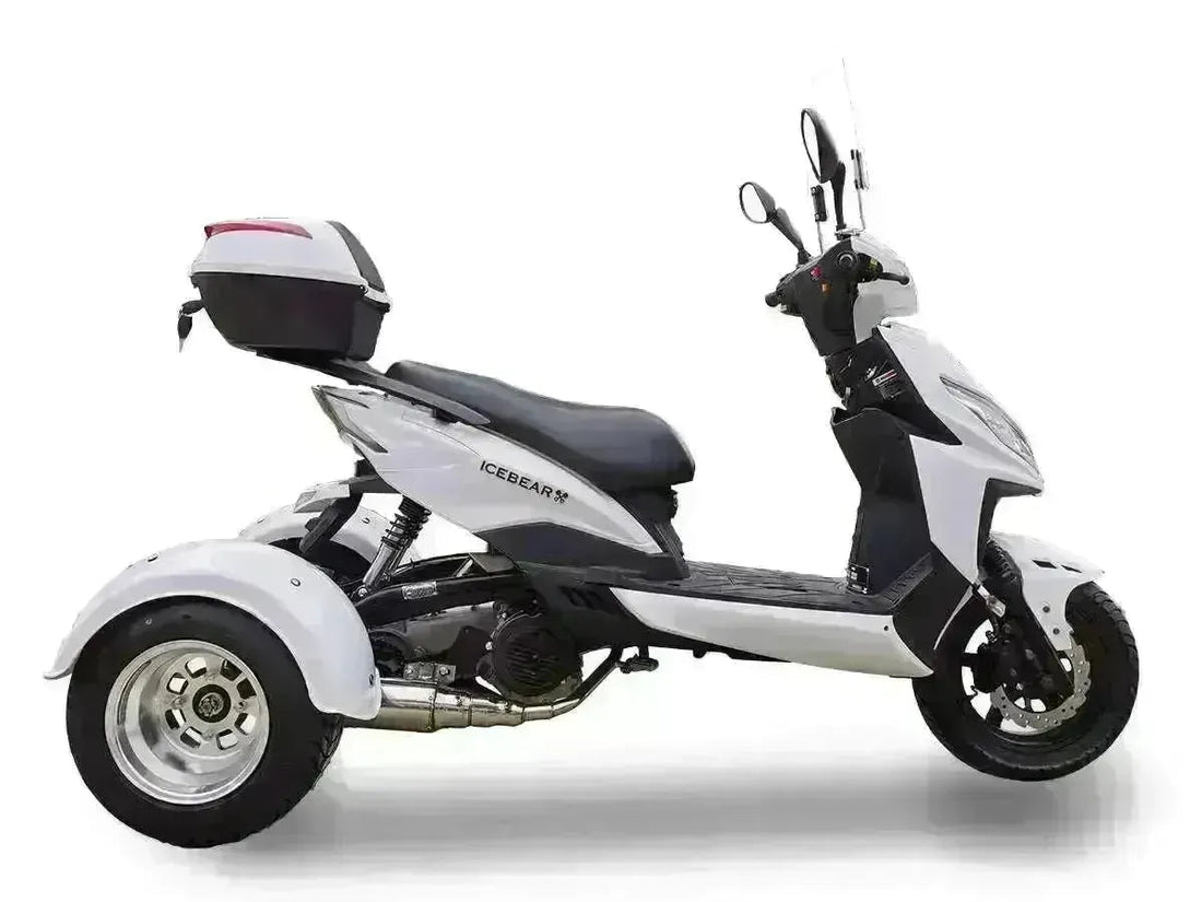 White 150cc three-wheeled trike scooter with rear storage box, side profile view