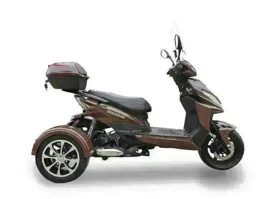 Brown three-wheeled 50cc trike scooter with rear storage trunk and windshield